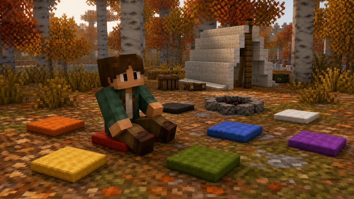 Joueur assis sur un coussin rouge près d'un camp abandonné, entouré de coussins colorés dans Minecraft