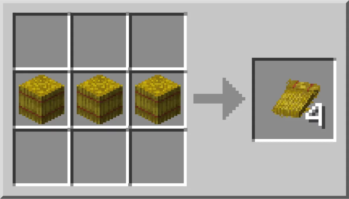 Minecraft 26.3 recette de craft avec trois bottes de foin alignées qui donnent quatre lits de paille