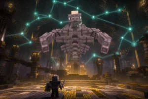 La mise à jour 2.0 de Craft to Exile 2 ajoute un Atlas et des boss ultimes à Minecraft Un Pinnacle Boss squelettique domine un aventurier sous les chemins lumineux de l’Atlas de Craft to Exile 2
