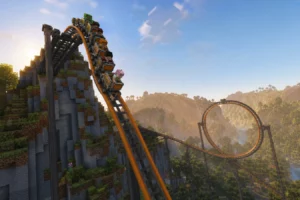 Create Coasters Simulated ajoute des montagnes russes physiques à Minecraft Train de Create Coasters Simulated plongeant depuis une montagne devant un immense looping