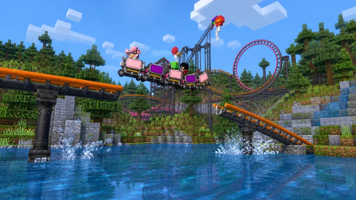 Train de wagonnets Create Coasters Simulated sautant entre deux rails au-dessus d’un lac Minecraft
