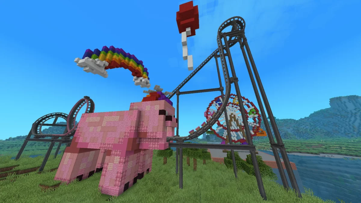 Cochons installés dans les wagonnets reliés d’une montagne russe Create Coasters Simulated