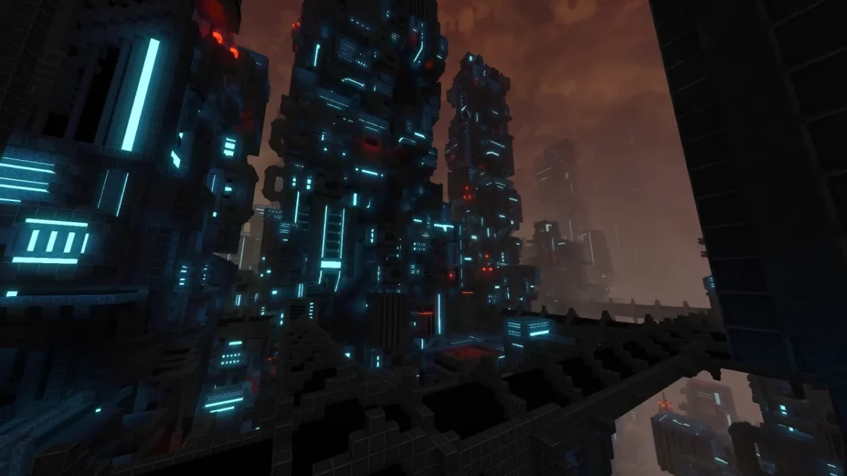 Cité futuriste verticale éclairée par des néons bleus dans un monde Hytale