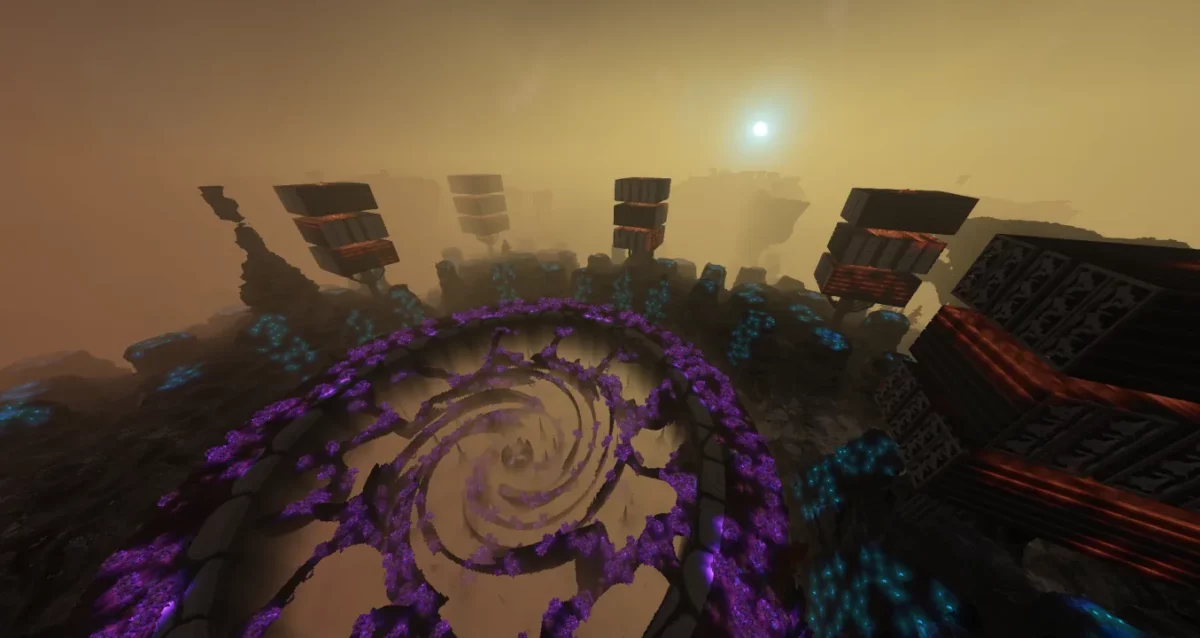 Vortex violet entouré de colonnes dans un paysage créé avec WorldGen V2 de Hytale