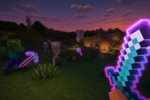 Enchantment Outlines ajoute un contour coloré aux outils enchantés dans Minecraft Épée enchantée de Minecraft entourée du liseré rose et violet du pack Enchantment Outlines