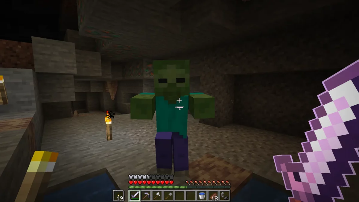 Épée en fer enchantée soulignée par Enchantment Outlines pendant un combat contre un zombie