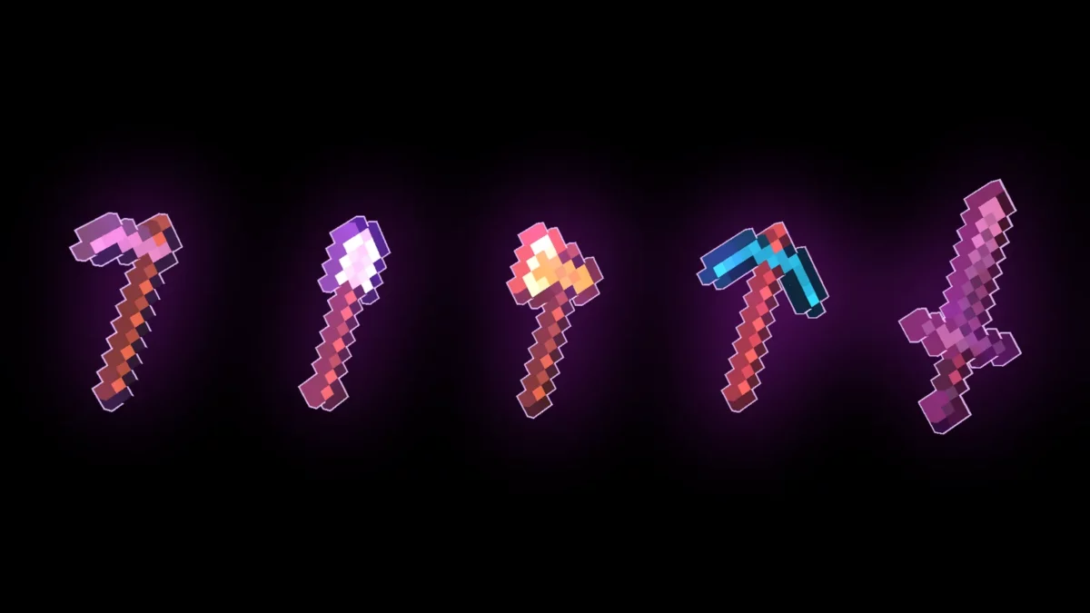 Outils enchantés de Minecraft entourés du liseré rose et violet créé par Enchantment Outlines