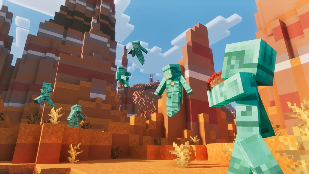 Groupe coloré de personnages Minecraft animés courant dans un biome de Badlands