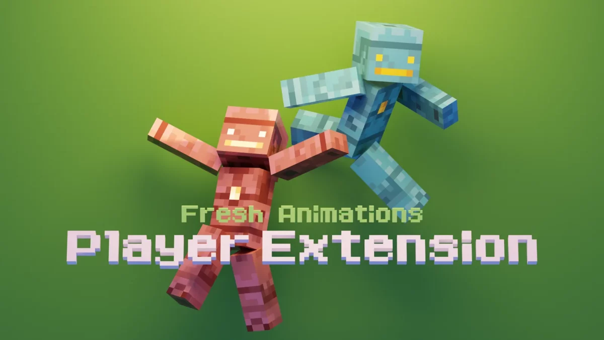 Bannière du pack Fresh Animations Player Extension montrant trois personnages Minecraft animés