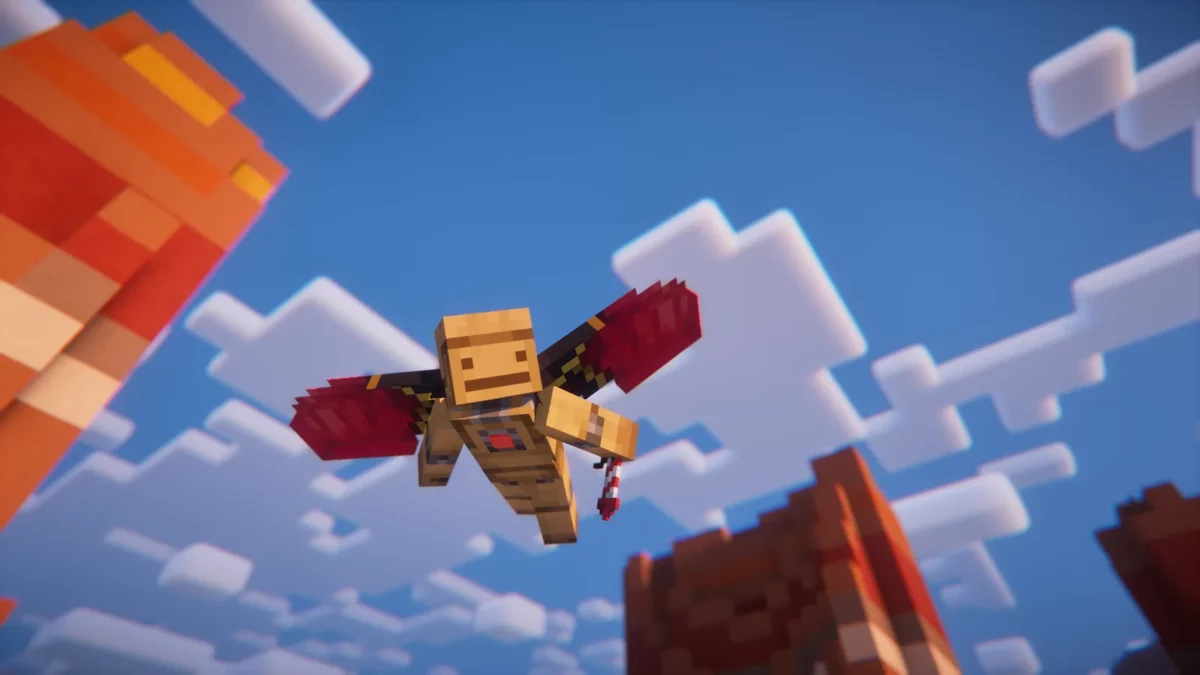 Personnage Minecraft planant avec des élytres et une animation de vol retravaillée