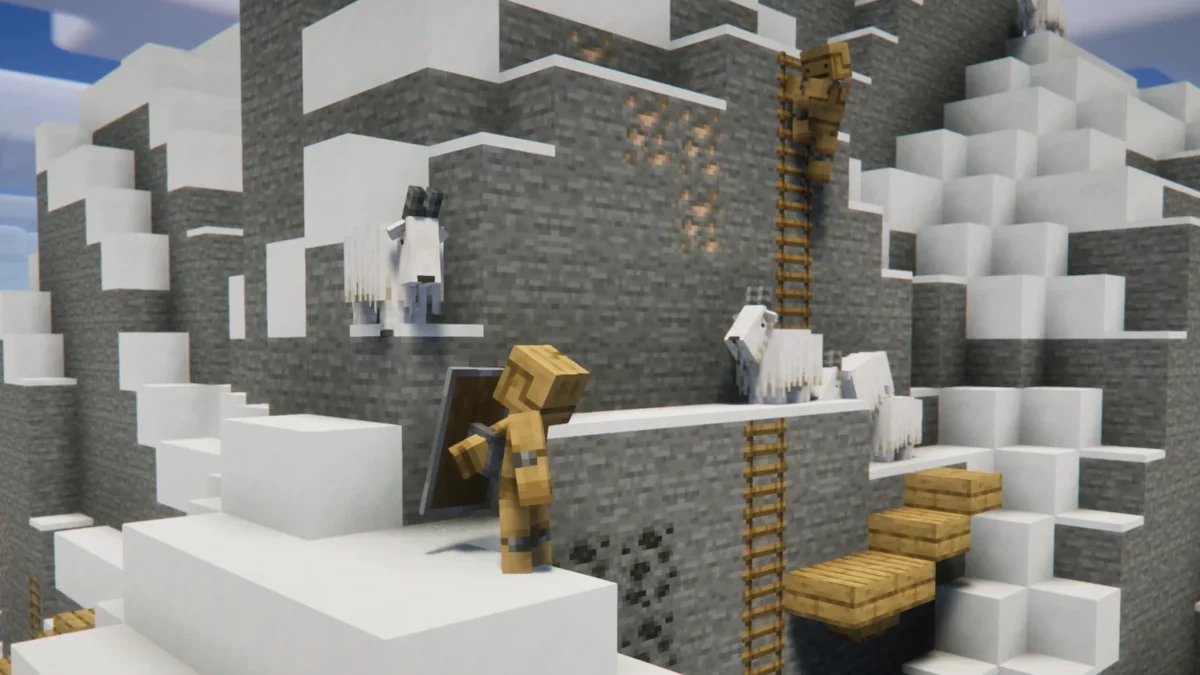 Personnage avec une pioche animé à la première personne dans le jeu Minecraft