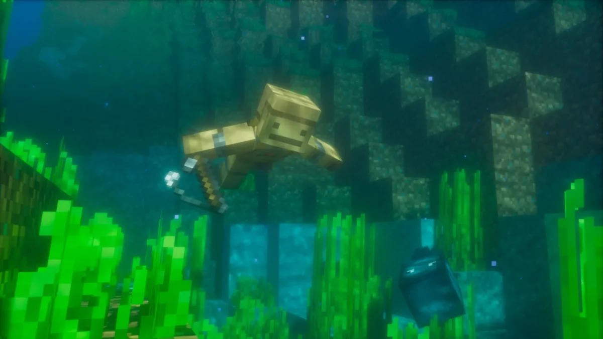 Personnage Minecraft explorant un paysage sous-marin avec une animation de nage complète