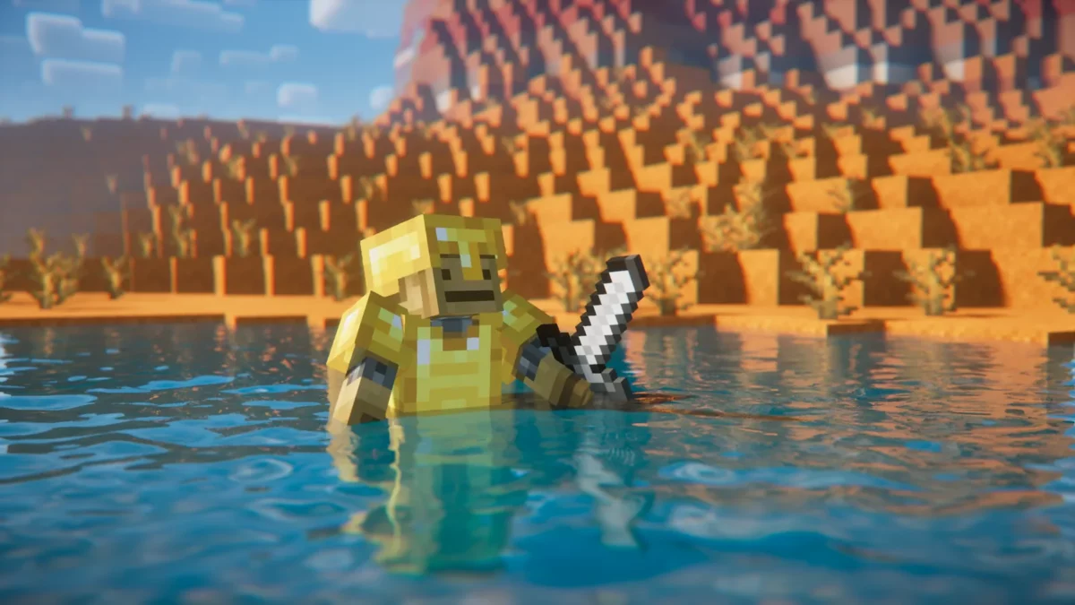 Personnage avançant dans l’eau peu profonde avec une animation adaptée dans Minecraft
