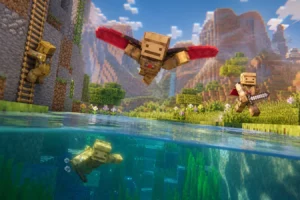 Player Extension de Fresh Animations est un pack qui anime le personnage dans Minecraft Personnages Minecraft animés en vol, à la course, à l’escalade et sous l’eau