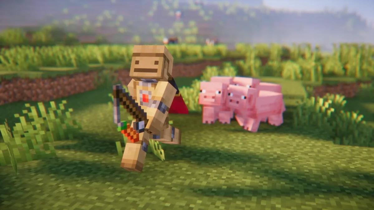 Personnage armé marchant près de cochons dans une prairie Minecraft ensoleillée et colorée