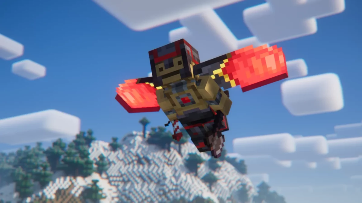 Personnage Minecraft en plein vol tenant une arme avec des élytres déployées