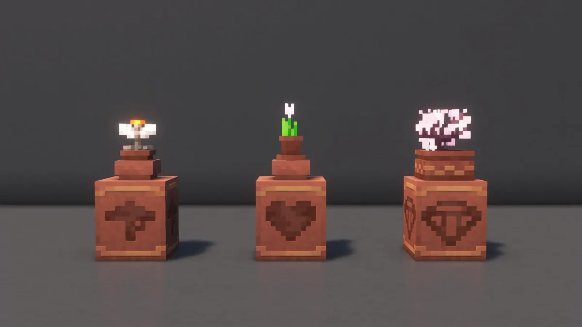 Pots de fleurs placés sur des pots décorés avec Fresh Flower Pots dans Minecraft