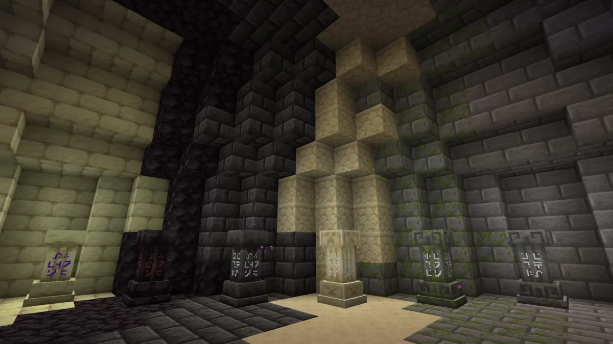 Ancien modèle sombre de Waystones présenté dans une structure souterraine de Minecraft