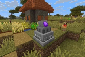 Fresh Waystones Texture redessine les pierres de téléportation de Waystones dans Minecraft Portstone de Fresh Waystones Texture activée au bord d’un village dans Minecraft