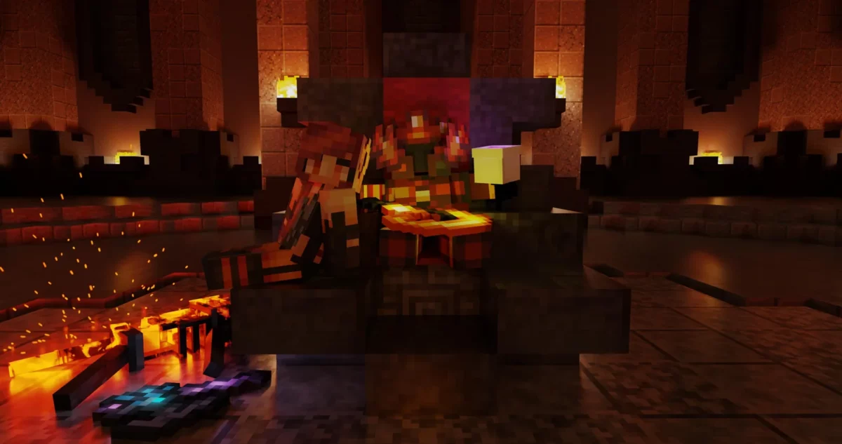 Armure Magma Lord et canne à pêche infernale de FurSky Reborn devant un décor volcanique Minecraft