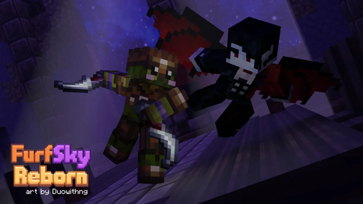 Personnage portant l’armure Wyld de FurSky Reborn dans Hypixel SkyBlock pendant une scène de combat