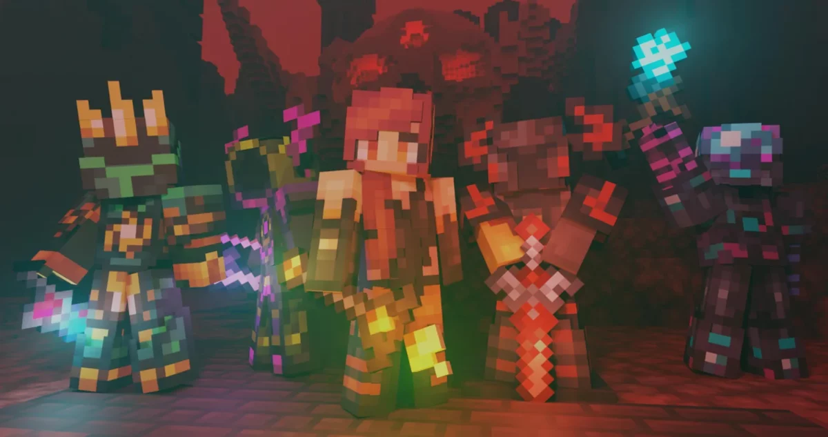 Quatre armures des Crimson Isles redessinées par FurSky Reborn dans Minecraft devant un paysage volcanique