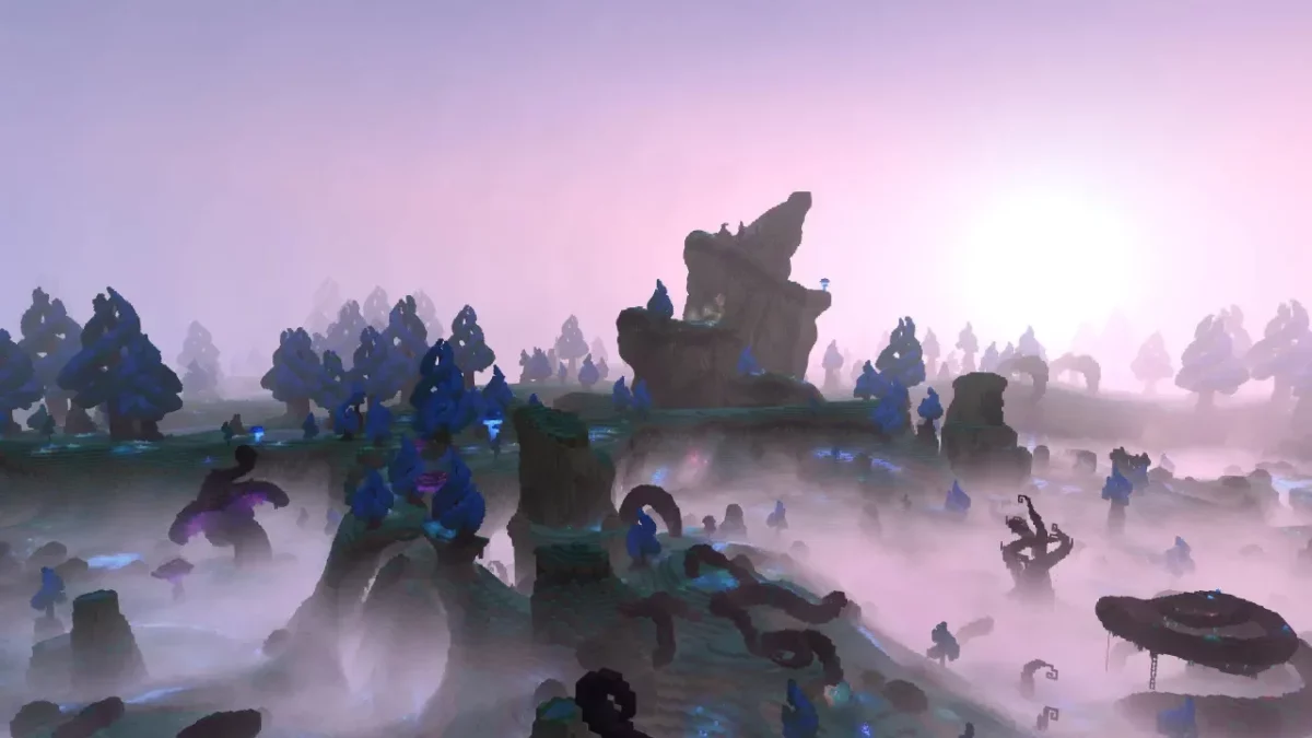 Formations rocheuses émergeant d'une brume violette dans un monde Hytale