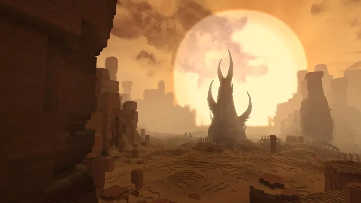 Tour noire torsadée devant un immense soleil dans un désert créé avec WorldGen V2 de Hytale