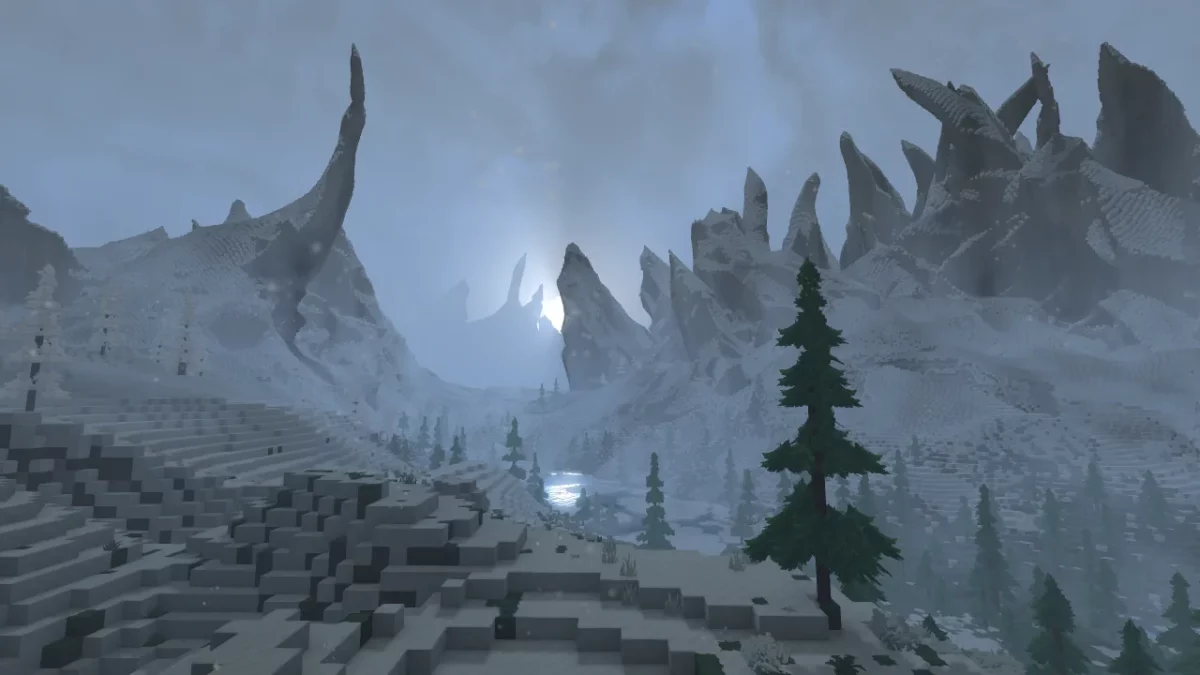 Vallée glacée entourée de pics rocheux déchiquetés dans Hytale