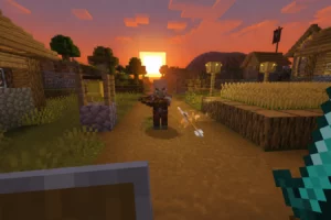 Low Shield abaisse le bouclier pour libérer votre champ de vision dans Minecraft ouclier abaissé par Low Shield face à un pillard pendant un raid de village dans Minecraft