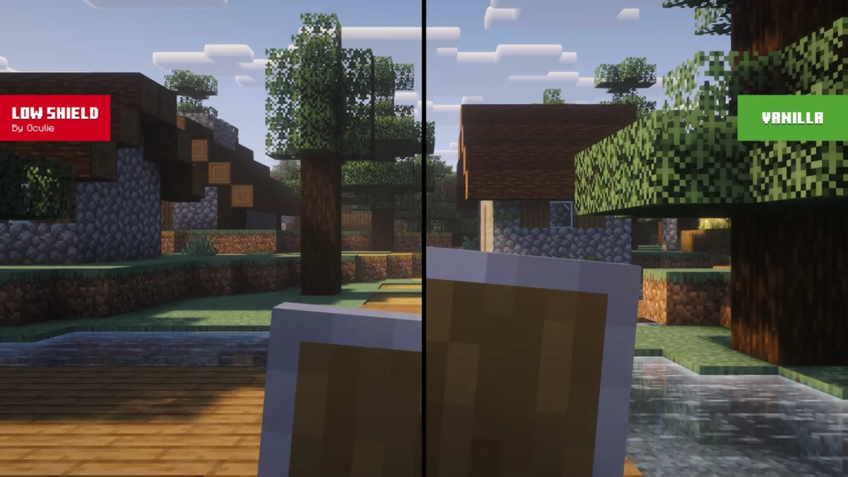 Comparaison du bouclier vanilla et de sa position abaissée avec Low Shield dans Minecraft