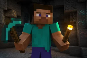 Minecraft Bedrock teste enfin une vraie main secondaire proche de Java Steve tient une pioche et une torche dans ses deux mains au fond d’une grotte Minecraft
