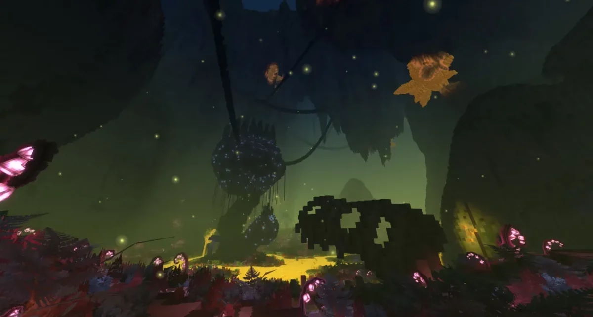 Caverne sombre éclairée par des champignons et des plantes colorées dans Hytale