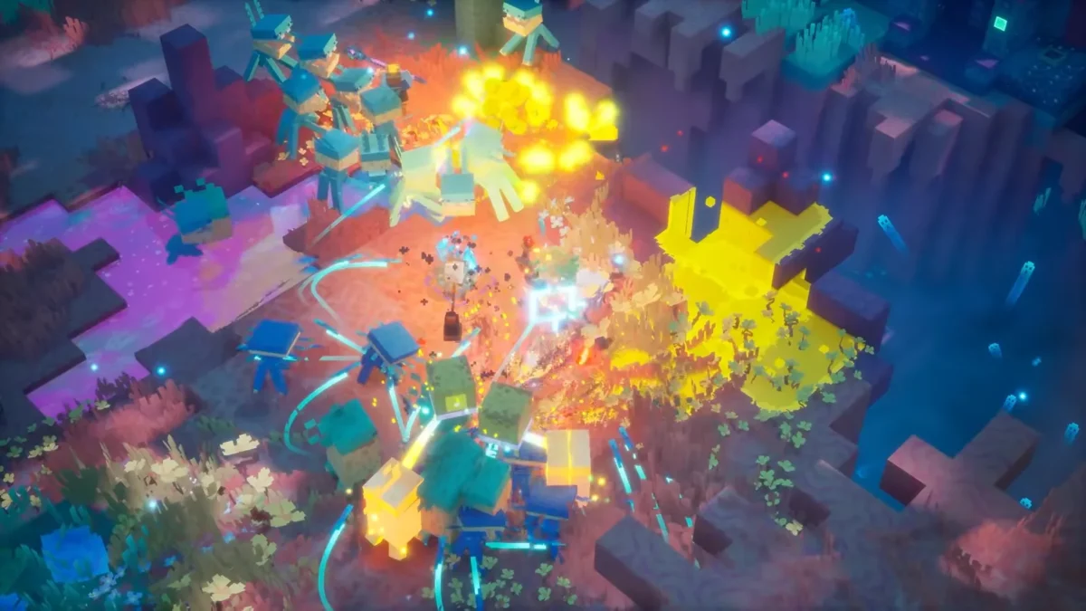 Combat de Minecraft Dungeons II avec explosions, lasers et nombreux ennemis dans le Sift