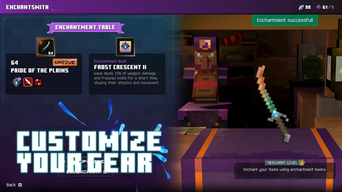 Interface de l’Enchantsmith appliquant l’enchantement Frost Crescent II à une arme