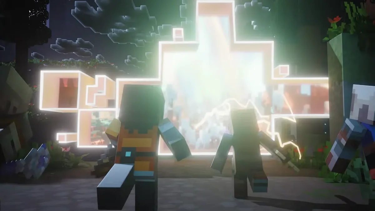 Quatre héros de Minecraft Dungeons II sautent dans une faille lumineuse menant au Sift