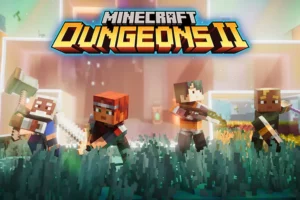 Minecraft Dungeons II dévoile son premier gameplay et la dimension du Sift Quatre héros de Minecraft Dungeons II devant une faille lumineuse avec le logo du jeu