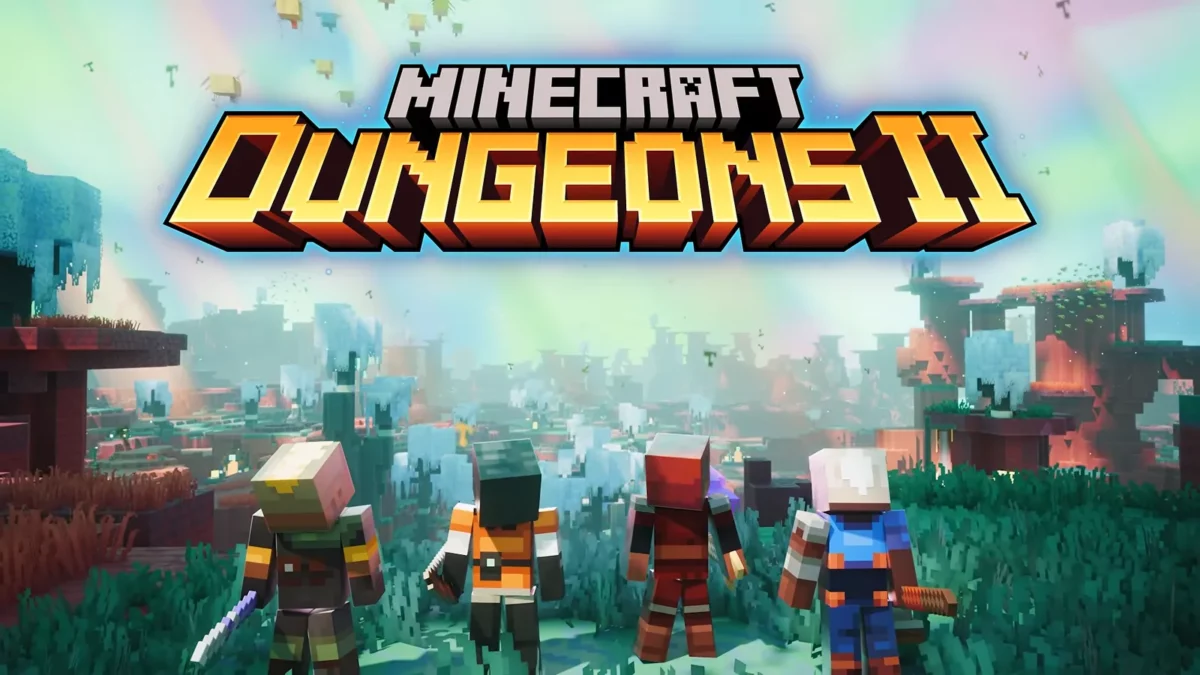 Logo de Minecraft Dungeons II au-dessus de quatre héros observant la dimension du Sift