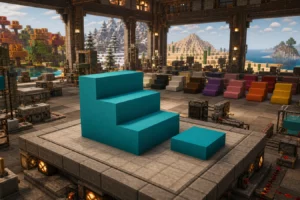 Pourquoi de simples escaliers en béton peuvent prendre des mois dans Minecraft Escalier en béton cyan testé dans un vaste atelier inspiré de Minecraft