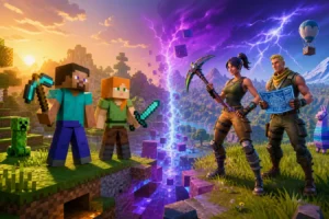 Minecraft arrive-t-il dans Fortnite ? Ce que cache vraiment « SurviveTheNight » Steve et Alex rencontrent des personnages de Fortnite devant une faille entre leurs deux univers