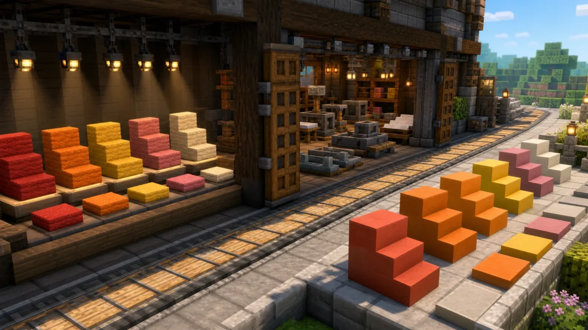 Escaliers en laine puis en béton préparés dans un atelier Minecraft de Mojang