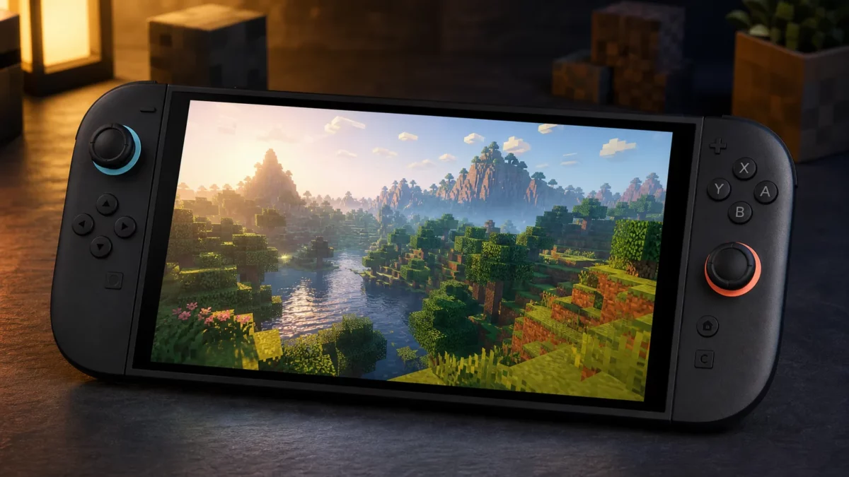 Une Nintendo Switch 2 posée sur une table affiche un paysage Minecraft avec éclairage directionnel, ombres et reflets sur l’eau.