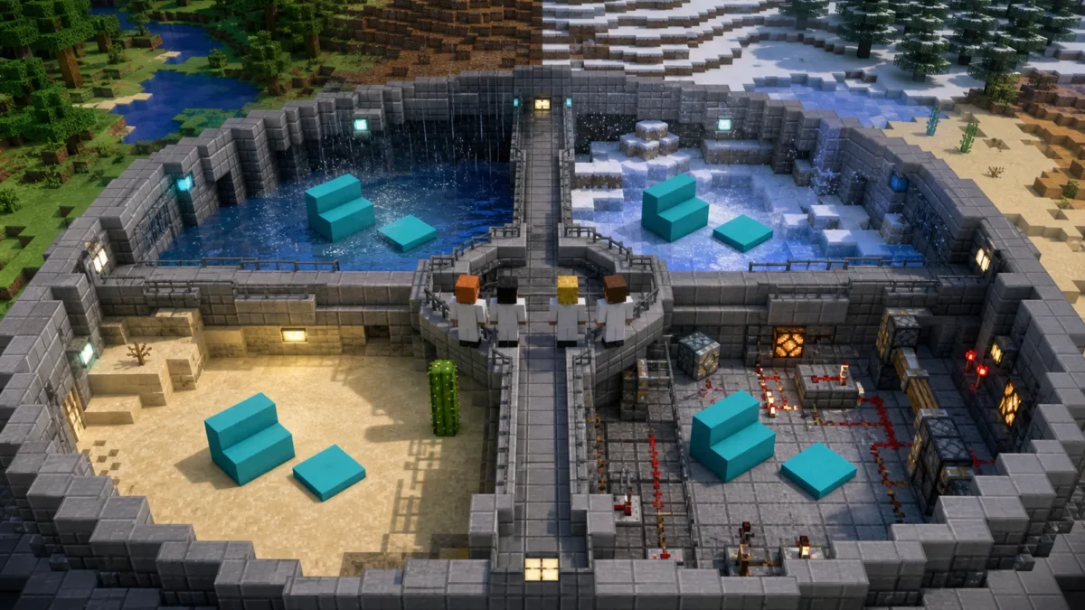 Escaliers en béton Minecraft testés dans différents biomes et mécanismes par Mojang