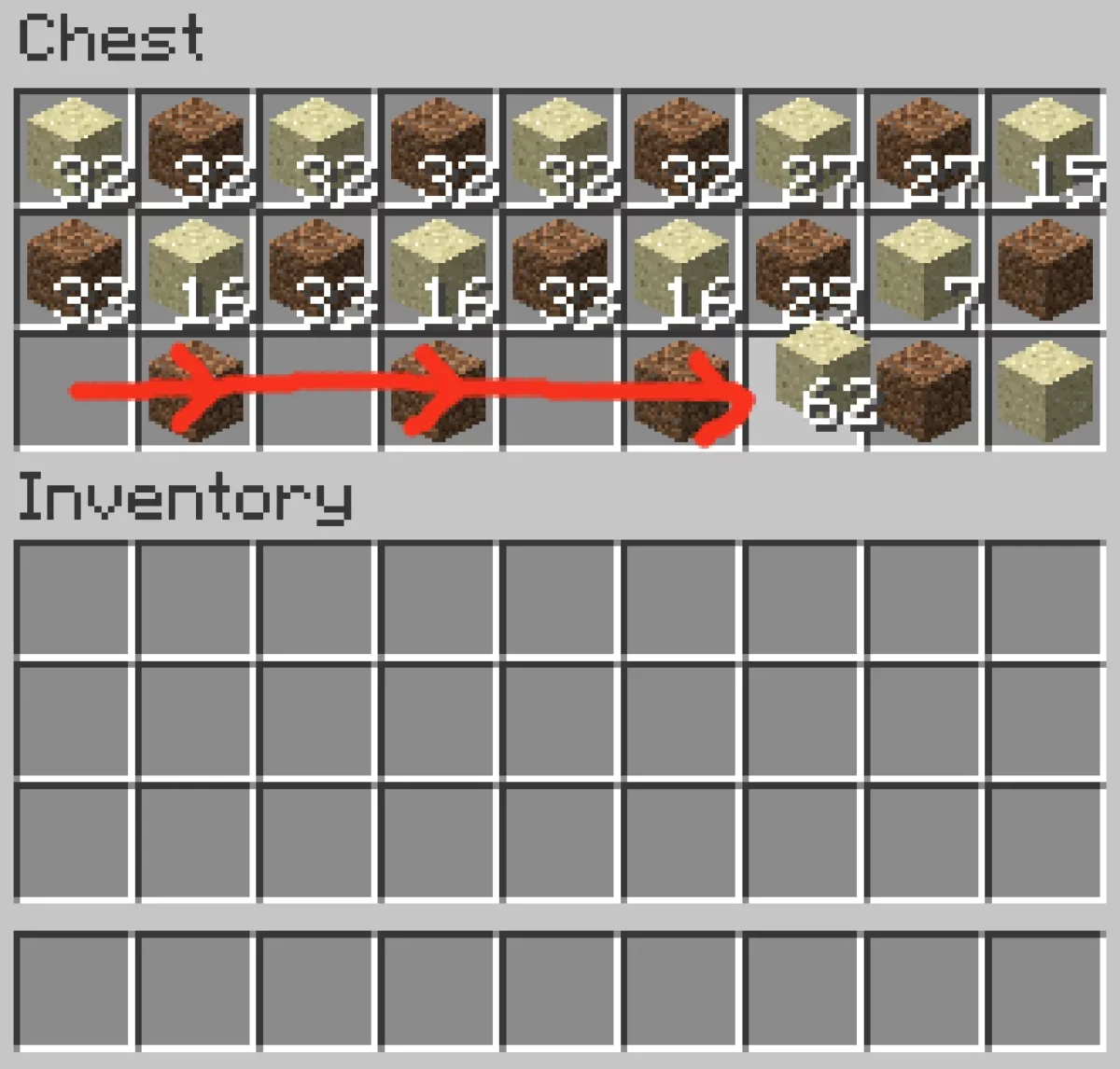 Trajet horizontal collectant les objets identiques dans un coffre Minecraft du jeu
