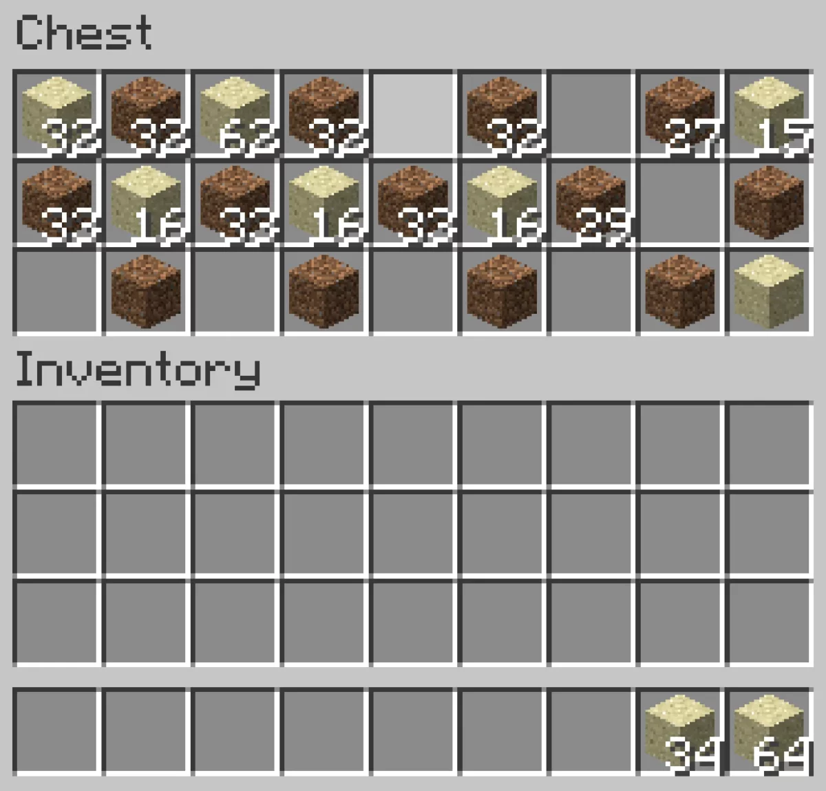 Coffre Minecraft préparé pour déplacer plusieurs piles sans objet en main dans le jeu