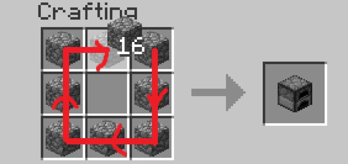 Trajet de souris répartissant des blocs dans la grille de fabrication Minecraft