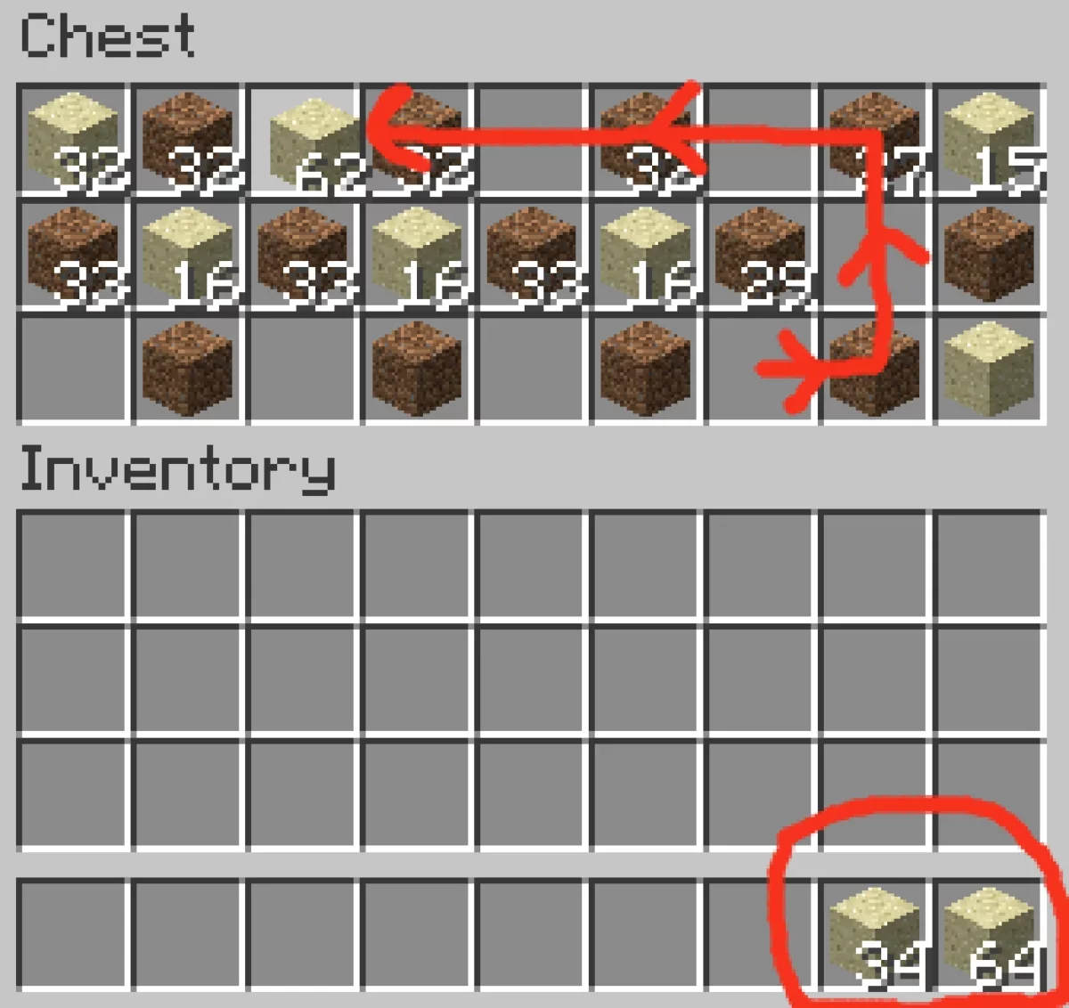 Parcours de plusieurs piles transférées par Shift clic avec Mouse Tweaks dans Minecraft