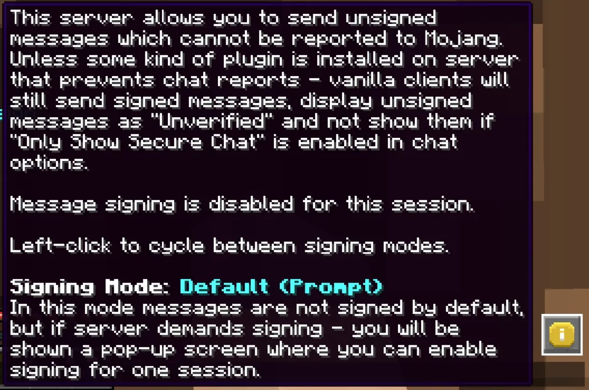 Menu de No Chat Reports expliquant le mode de signature choisi dans Minecraft