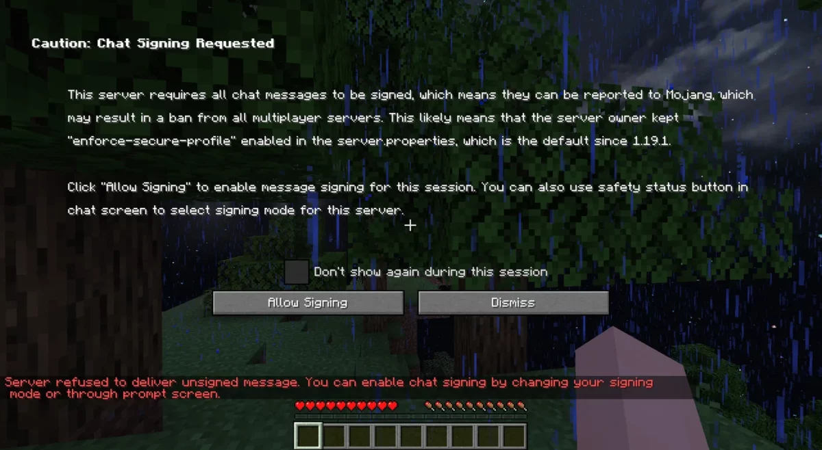 Avertissement Minecraft affiché lorsqu’un serveur exige par défaut des messages de chat signés