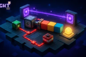 Pight extrait la redstone de Minecraft pour en faire 90 casse-têtes Un plateau de puzzle 3D avec un piston, un circuit rouge, deux portails violets et le logo officiel Pight